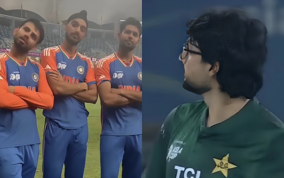 আরশদীপ সিং, হর্ষিত রানা এবং জিতেশ শর্মা এশিয়া কাপ ২০২৫ ফাইনালের পর আবরার আহমেদকে ঠাট্টা করে হেড-নড উদযাপনের নকল করেন।